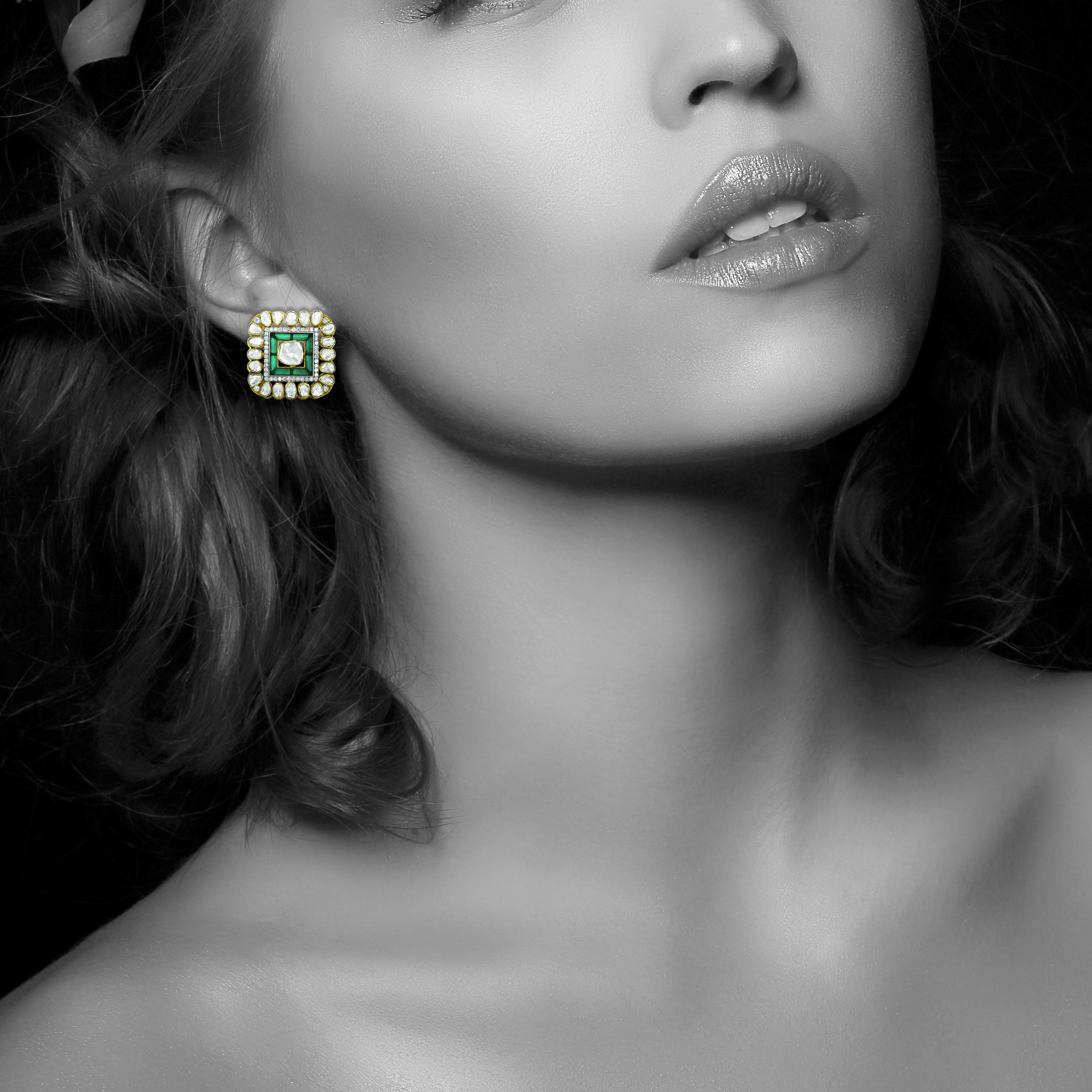 Square Polki Studs with Green Talaf